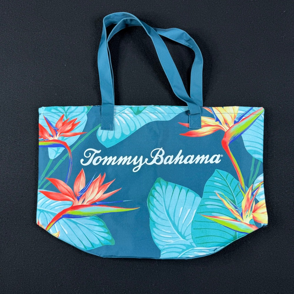 Tommy Bahama Tropical Bird of Paradise Beach Tote Bag Teal Blue Floral Large